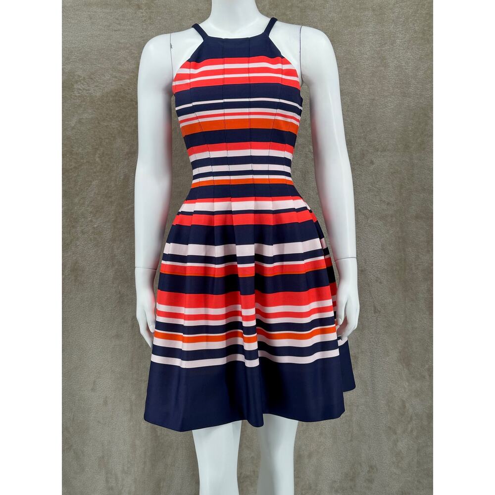 Vince Camuto Dress Womens 0 Navy Orange Striped Fit & Flare‎ Scuba Sleeveless